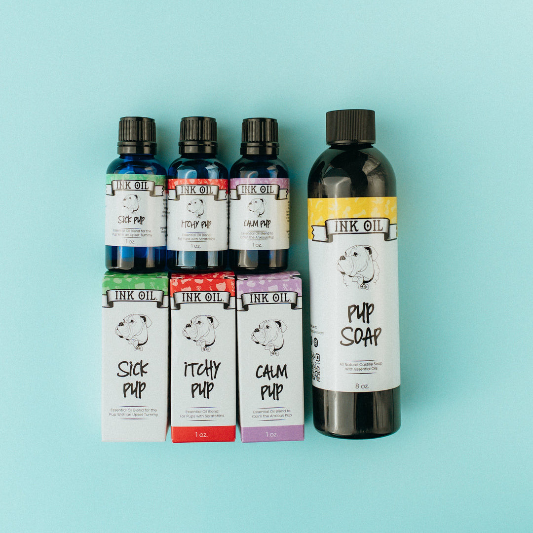 Collection of pet care products including bottles and boxes on a light blue background