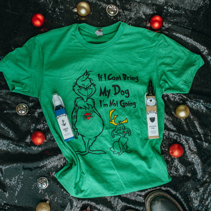 Grinched & Groomed Christmas Gift Set - Grinch T-Shirt All-Natural Beard Oil Tattoo Ink Oil for Him / Holiday Gift for Tattooed Bearded Guys